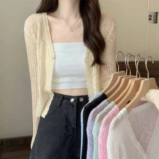 Áo Khoác Cardigan / Áo Khoác Cardigan Dệt Kim Mỏng Dáng Ngắn Cổ Chữ V Thời Trang Mùa Hè Cho Nữ