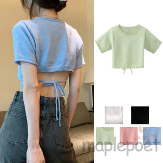 Áo Croptop Dệt Kim Tay Ngắn Cổ Tròn Hở Lưng Màu Sắc Đơn Giản Cho Nữ