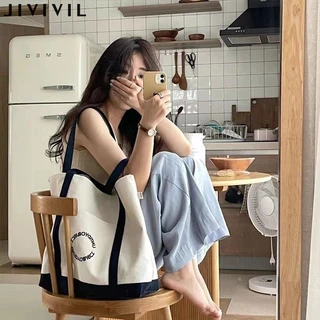 Jiviviel Túi Xách tote canvas Sức Chứa Lớn Phong Cách Hàn Quốc Độc Đáo Đa Dạng Cho Nữ