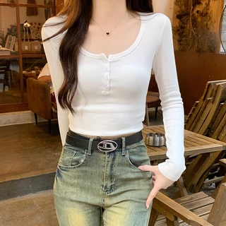 66951 early autumn new style american half-open collar skinny short long-sleeved t-shirt top