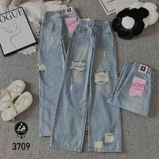 Quần jean nữ ống rộng màu xanh rách rách trên lai Lê Huy Fashion MS 3709