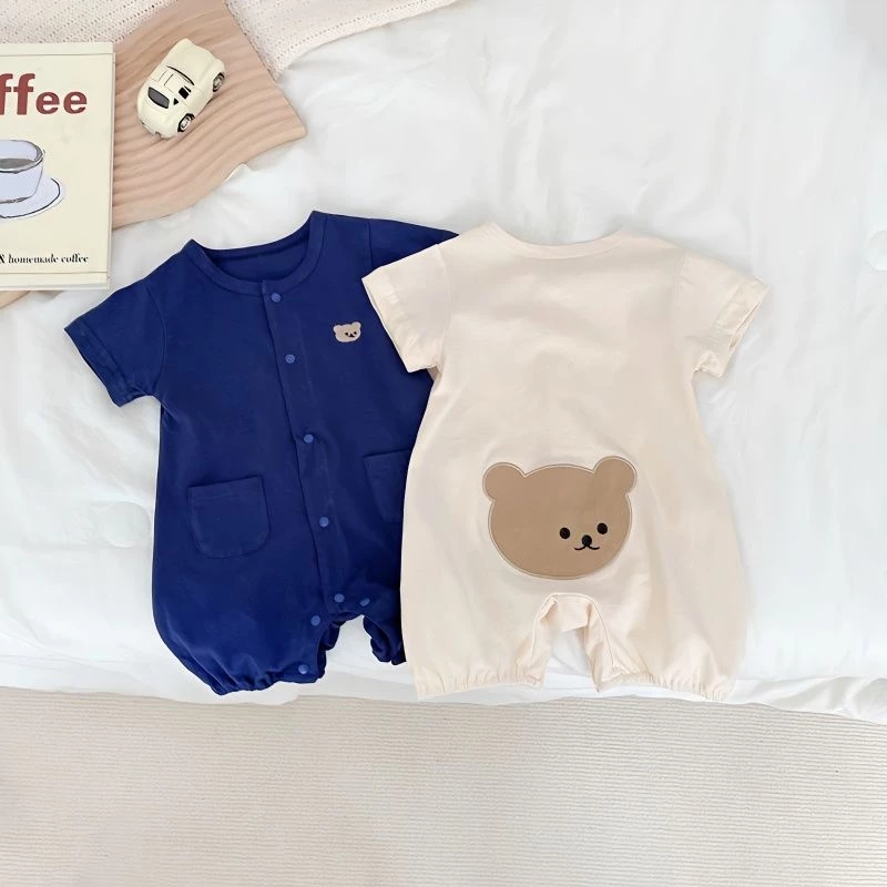 Bộ Áo Liền Quần Bằng Cotton Tay Ngắn In Hình Gấu Dễ Thương Phong Cách Hàn Quốc Thời Trang Mùa Hè Cho Bé Sơ Sinh 0-2 Tuổi