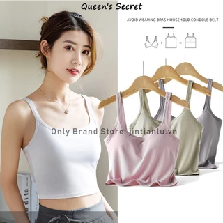 [Queen's Secret] Áo tank top Ngắn Cổ Tròn, Dây Đai cotton Mỏng, Với Đệm Ngực, Quần Legging Thể Thao, Không Tay