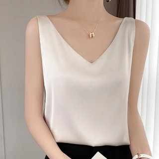 Phụ nữ mùa hè mềm mại satin v cổ xe tăng Áo hai dây lỏng lẻo cơ bản lụa trơn không tay áo trên