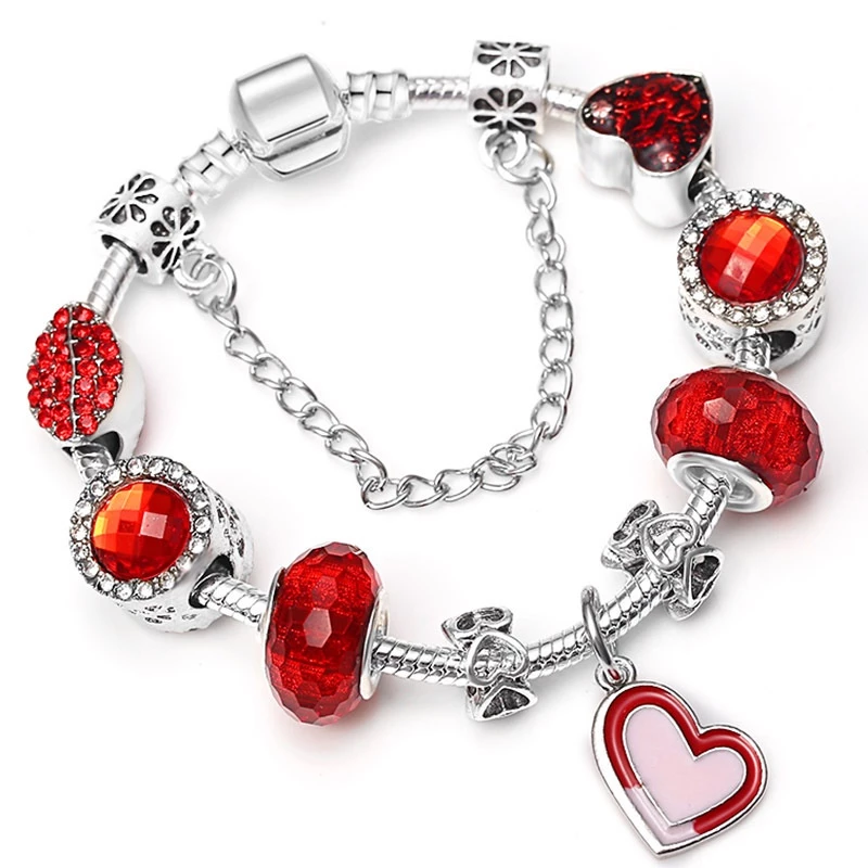 Luxury crystal charms vòng tay diy red heart-shaped charms hạt mặt dây chuyền thương hiệu vòng tay cho phụ nữ trang sức dropshipping