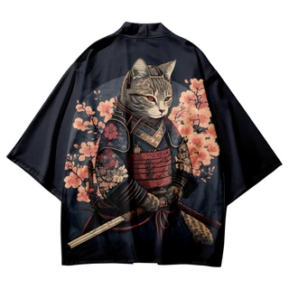 Plus size nhật bản sakura cat samurai in kimono thời trang dạo phố nam nữ cardigan harajuku quần áo truyền thống bãi biển mùa hè haori
