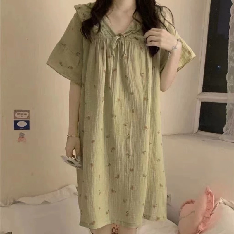 Váy Ngủ	Pyjama Bộ Đồ Ngủ Ngắn Tay Cổ Tròn Họa Tiết Hoa Phong Cách Hàn Quốc Cho Nữ