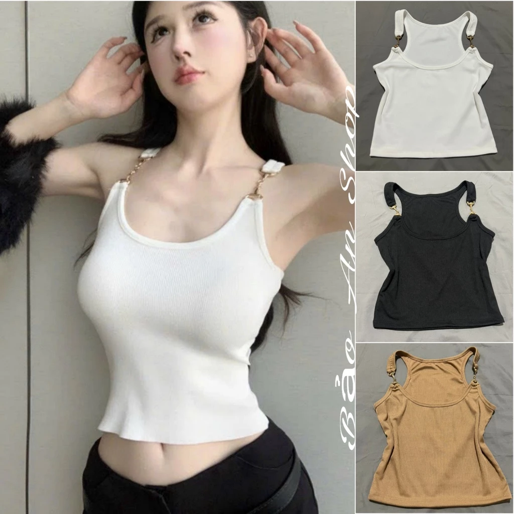 Áo 2 dây nữ kiểu vai phối khoá ôm body croptop xinh chất vải thun gân len