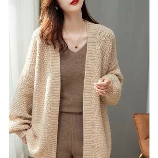 Thu đông phong cách mới 2022 áo len dệt kim cardigan nữ sợi dày dệt kim lỏng lẻo kiểu pháp retro mid-length jacket hzfwc8174