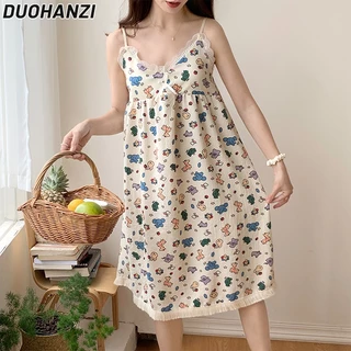 Đầm ngủ hai dây DUOHANZI cotton màu trơn ngọt ngào thời trang mùa hè dành cho nữ