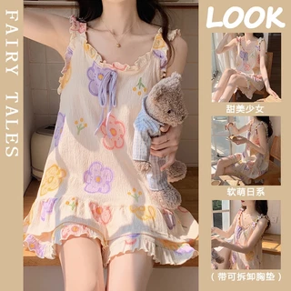 Bộ đồ ngủ/ Đầm ngủ FDS vải cotton với quần short ngọt ngào dễ thương thời trang mùa hè dành cho nữ