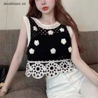 [sk] Mùa hè rỗng ra thêu hoa dệt kim hàng đầu phụ nữ cổ tròn không tay crop top sk