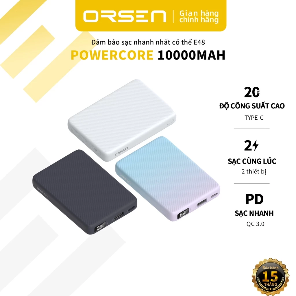 Sạc Dự Phòng Orsen E48 10000mAh QC 3.0 PD 20W Có Màn Hình LED Hiển Thị