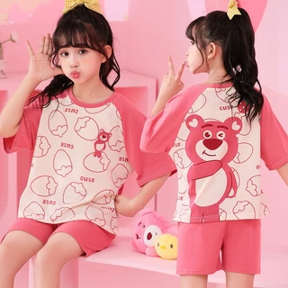 Bộ Đồ Ngủ Tay Ngắn Chất Liệu cotton Mỏng In Họa Tiết Dâu Tây Dễ Thương Thời Trang Mùa Hè Cho Bé Gái