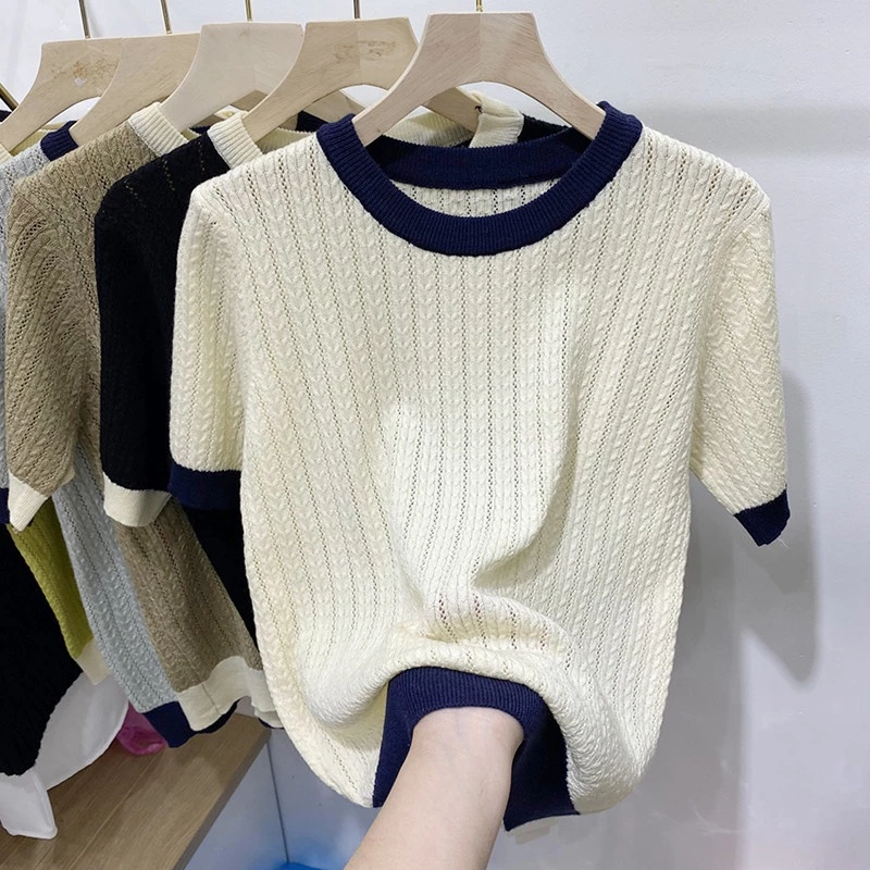 Balamy Áo Sweater Sáp Mềm Ngắn Tay Phối Màu Tương Phản Phong Cách Mới Mùa Hè Dễ Phối Đồ Cho Nữ