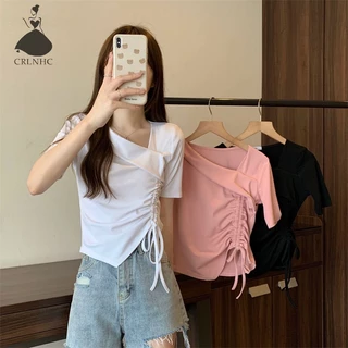 Áo croptop nữ CRLNHC ôm dây rút không đều ngắn tay thời trang hè