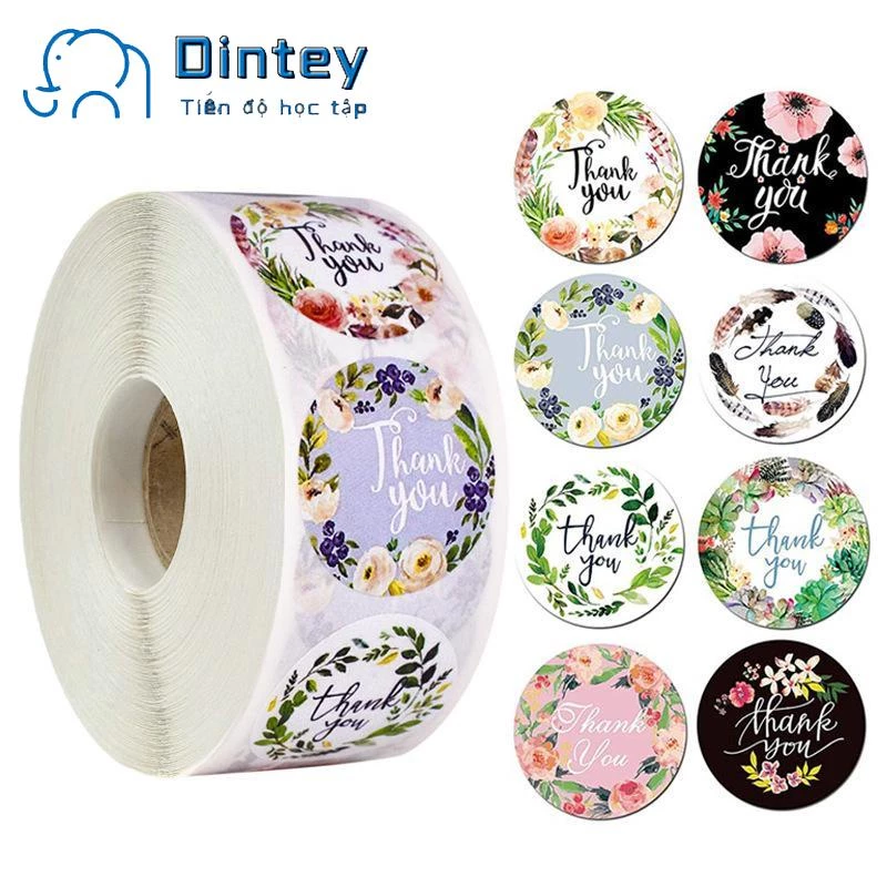 ✍mujicici✍Cuộn 500 miếng dán , tem dán sticker thank you gói hàng, quà tặng