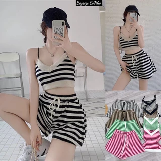 Set bộ bigsize nữ gồm áo croptop sọc ngang kết hợp quần đùi sọc lưng thun thun cột dây mặc mát- SSDAY