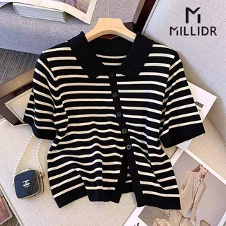 Áo Cardigan Dệt Kim Tay Ngắn Cổ polo Họa Tiết Kẻ Sọc Thời Trang Mùa Hè Hàng Mới Dành Cho Bạn Nữ