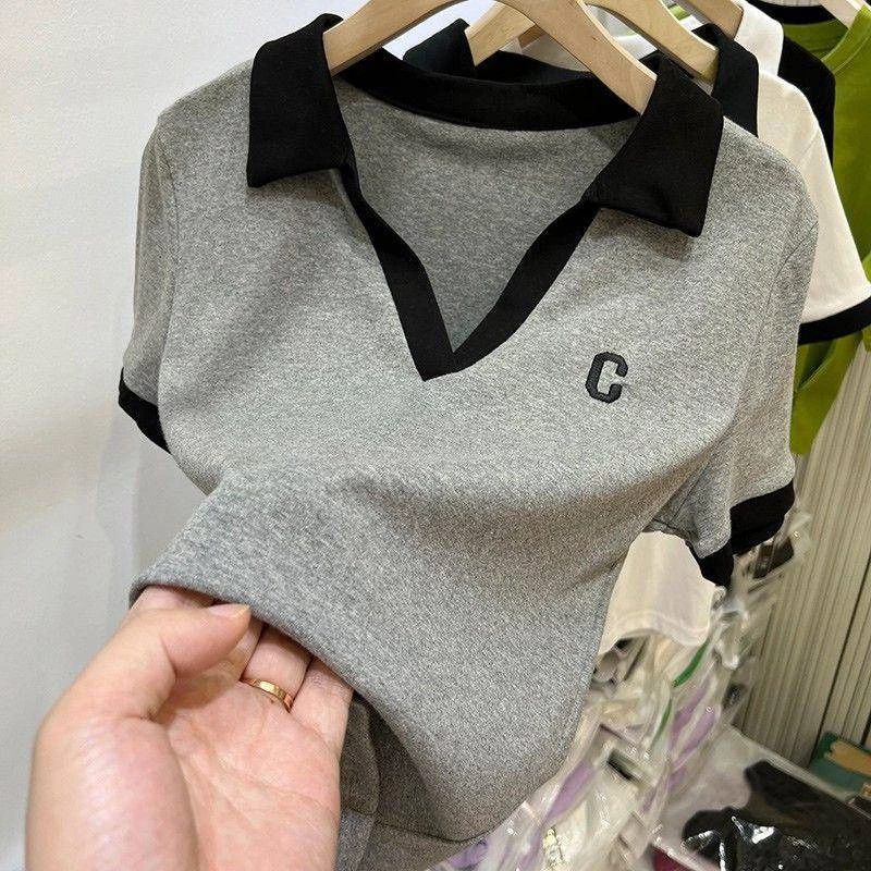 Áo Thun Polo Cotton Ngắn Tay Thêu Chữ Màu Sắc Tương Phản Thời Trang Mùa Hè Cho Nữ