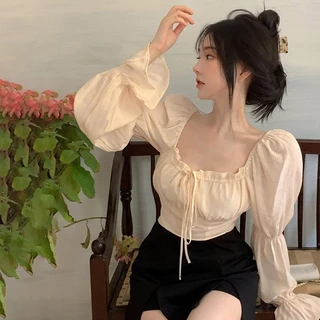 Áo Croptop Trễ Vai Tay Dài Màu Sắc Thanh Lịch