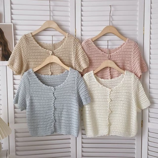 Áo Cardigan Dệt Kim Ngắn Tay Màu Trơn Thời Trang Mùa Hè 2023 Mới Cho Nữ