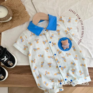 Bộ Áo Liền Quần Bằng Cotton In Hình Gấu Bông Dễ Thương Thời Trang Mùa Hè Cho Bé Sơ Sinh