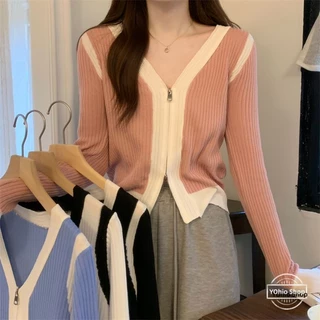 Áo Cardigan Dệt Kim Tay Dài Dáng Rộng Cổ Chữ V Phối Khóa Kéo Thời Trang Xuân Thu Cho Nữ