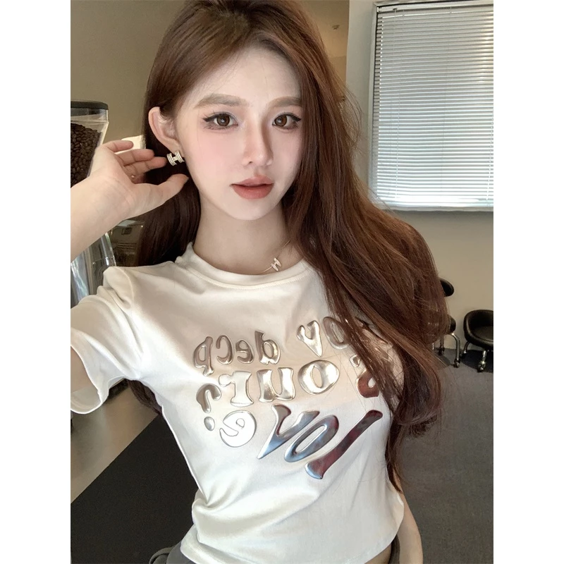 Xiao Nguyên Chất Cotton Quấn Lưng 210g Odell 92 Cotton 8 Spandex Áo Thun Nữ Tay Ngắn PVC Nhãn Nóng Thủ Công Chất Lượng MC Trang Trí CRJR