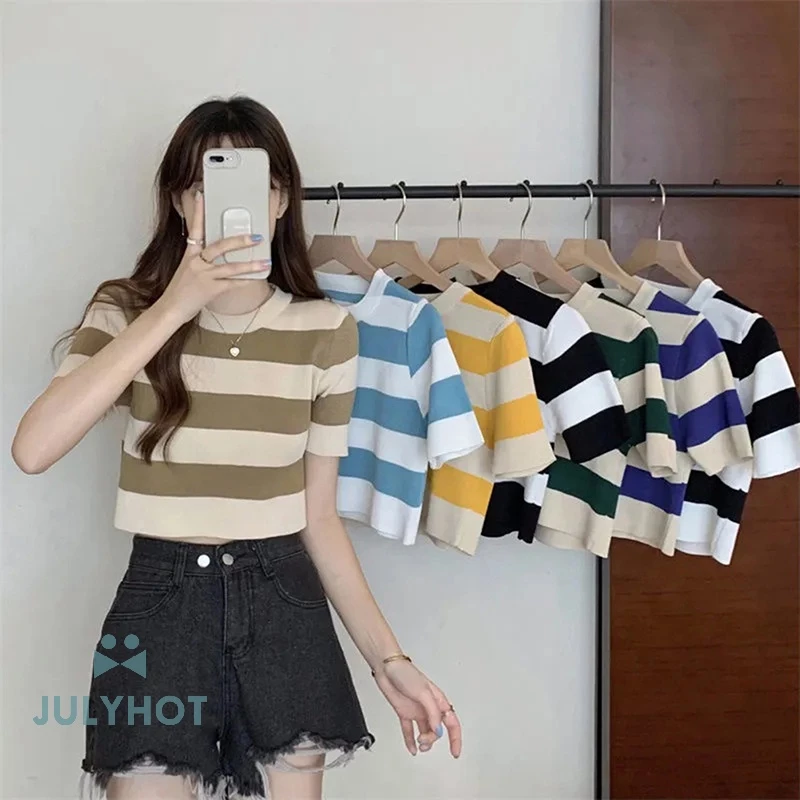 Mùa hè mát mẻ Cổ Điển Sọc Ngắn Tay Áo dệt kim T-Shirt phụ nữ vòng cổ mỏng Crop Top VN