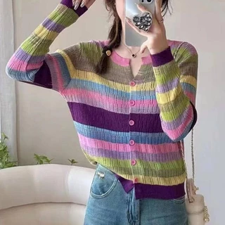 2023 summer new style rainbow striped long-sleeved knitwear short round neck top