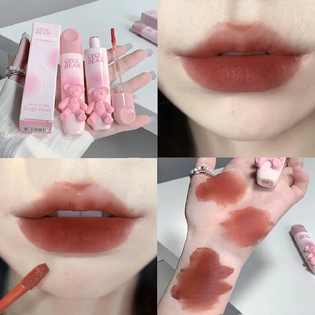 Girl's velvet matte lipstick waterproof long lasting cute bear lipgloss non-stick cup makeup lip tint bùn trang điểm mỹ phẩm