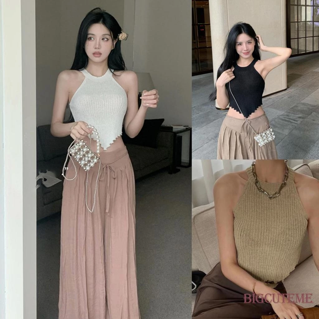 Áo Croptop Dệt Kim Không Tay Màu Sắc Đơn Giản Cho Nữ