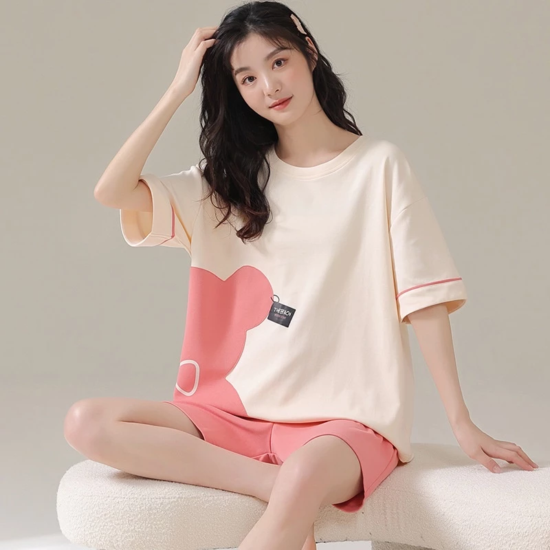 Bộ Đồ Ngủ Bằng Cotton Tay Ngắn Phong Cách Hoạt Hình Dễ Thương Dành Cho Nữ