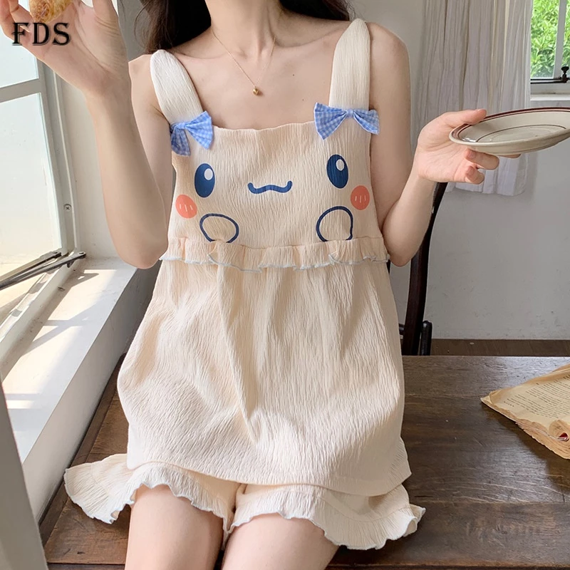 Bộ đồ ngủ FDS với áo hai dây vải cotton có đệm ngực họa tiết hoạt hình thời trang cho nữ