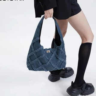 Túi tote Đeo Vai Bằng Vải Bạt Denim Có Tua Rua Đường Phố Sức Chứa Lớn