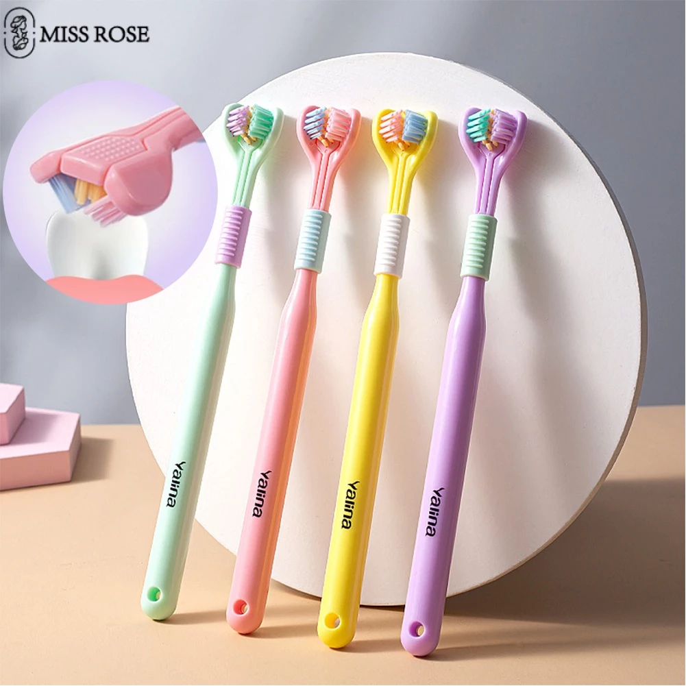 Bàn chải đánh răng ba đầu MISS ROSE lông mềm cạo lưỡi làm sạch bảo vệ răng miệng cho người lớn