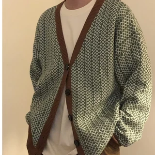 Áo Khoác Cardigan Họa Tiết Sọc Caro Màu Tương Phản Cho Nam