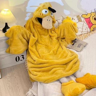 Pokemon psyduck pajama cô gái dễ thương vui nhộn vịt dày san hô đồ ngủ sang trọng trong bộ đồ ngủ mùa thu và mùa đông