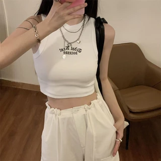 Yuewen Châu Âu Mỹ thêu yếm chữ cái nữ tính cá tính mùa hè đơn giản mỏng vừa vặn áo crop top ngắn