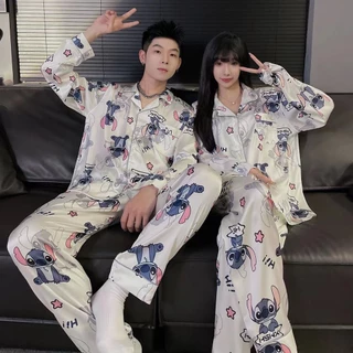 Bộ Đồ Ngủ Pijama Tay Dài Chất Lụa In Họa Tiết Hoạt Hình Stitch Dễ Thương Cho Cặp Đôi Cỡ M-3XL