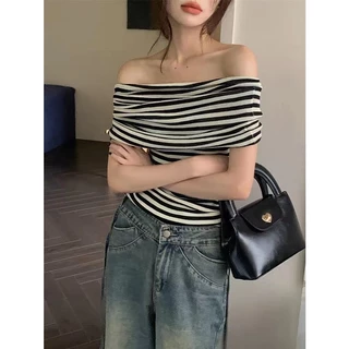 Suxi Mùa hè Phong cách Hàn Quốc Thời trang lệch vai Sọc Slim Fit Áo thun ngắn tay cổ điển