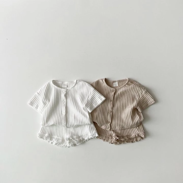 Bộ Áo Khoác Cardigan Dệt Kim Tay Ngắn + Quần Short Cotton Họa Tiết Kẻ Sọc Thời Trang Mùa Hè Hàn Quốc Cho Bé Gái