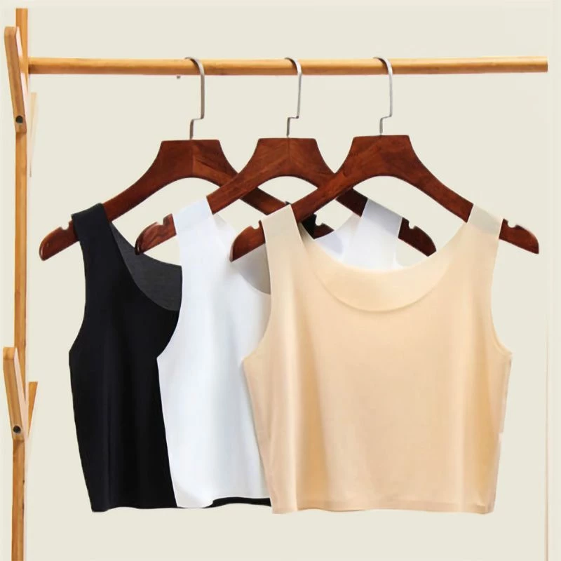 2023 Mùa Hè Mới Siêu Mỏng Phong Cách Ice Silk Liền Mạch Camisole Nữ Phong Cách Ngắn Đệm Không Ngực Thoáng Khí Gần Bên Trong Top Nữ