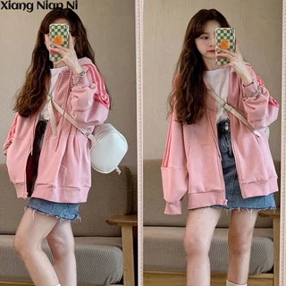 Xiang Nian Ni Áo Khoác sweater Dày Có Mũ Trùm Phối Khóa Kéo Màu Hồng Thời Trang Thu Đông Cho Học Sinh Nữ