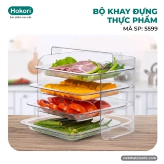 Bộ khay - Kệ 4 tầng xếp chống đựng thực phẩm Hokori 5599, Khay đựng đồ ăn lẩu, thức ăn, hoa quả nhựa trong suốt