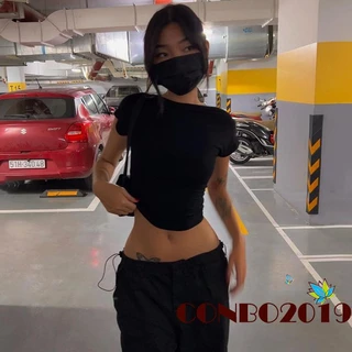 Áo Thun Crop Top Tay Ngắn Cổ Tròn Màu Đen Thời Trang Mùa Hè Cho Nữ