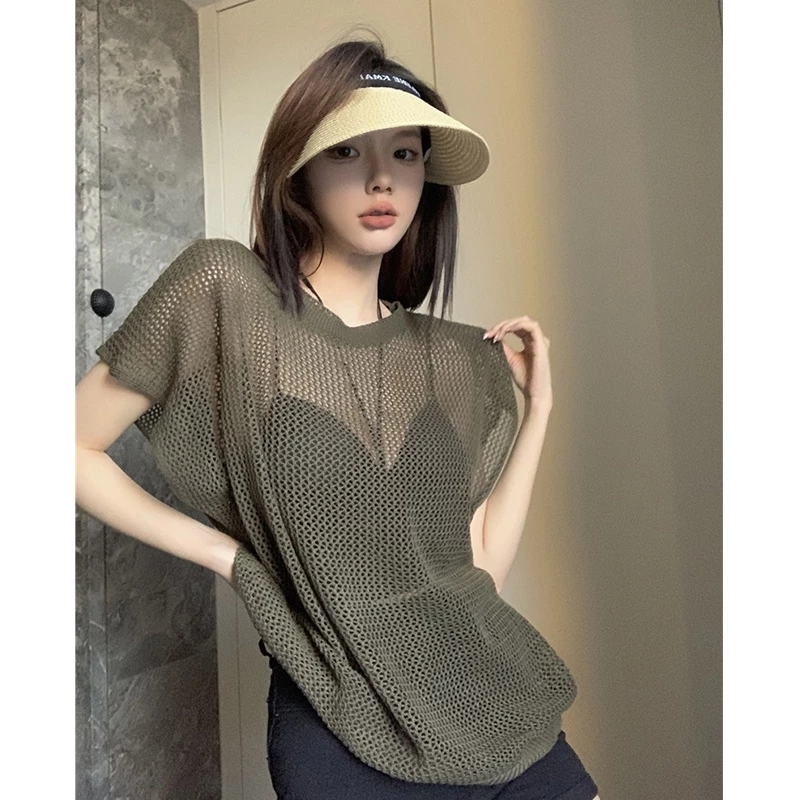 Sugemiusi Áo Sweater Dệt Kim Tay Ngắn Dáng Rộng Xuyên Thấu Thời Trang Mùa Hè