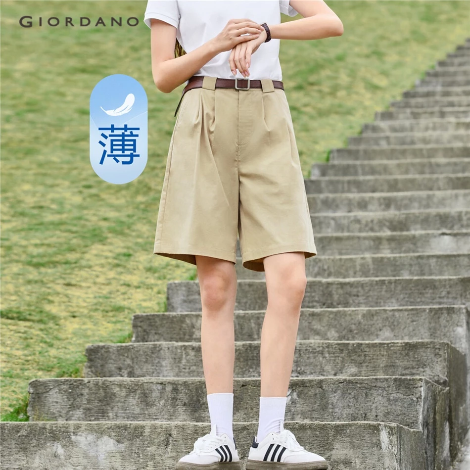 Giordano Phụ Nữ [Độc Quyền Trực Tuyến] Quần Short Cotton Xếp Ly Cạp Cao 05403312