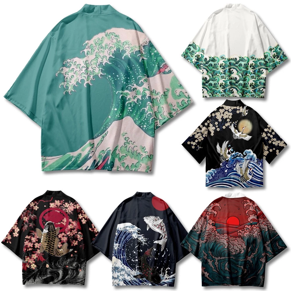 Áo Khoác Kimono In Hình Sóng Biển Phong Cách Harajuku Nhật Bản Cho Nam Nữ Plus Size 5XL 6XL